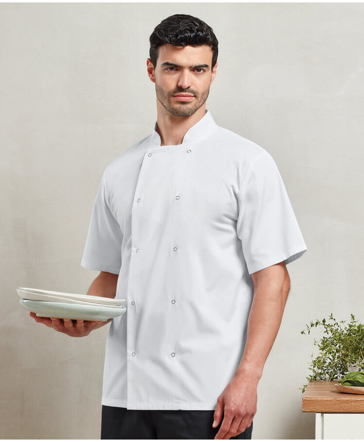 Studded front short sleeve chef's jacket Thumbnail